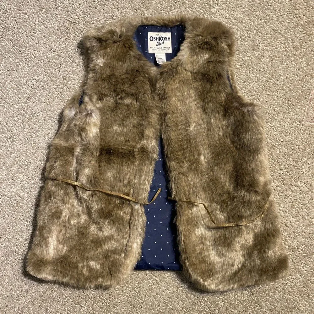 OshKosh B’gosh Girls Faux Fur Vest Brown Belted Lined Size 10 12